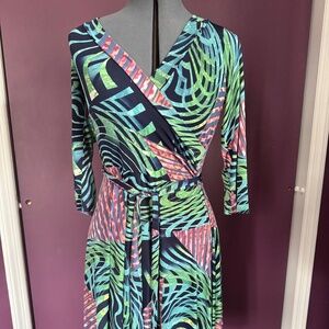Unique Geometric Pink and Green Faux Wrap Dress size small by Janette